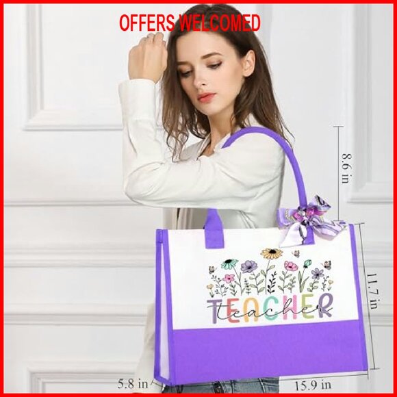 Large Cotton Canvas Tote Bag with Makeup Case, Perfect for Teachers & Daily Use - Picture 3 of 8
